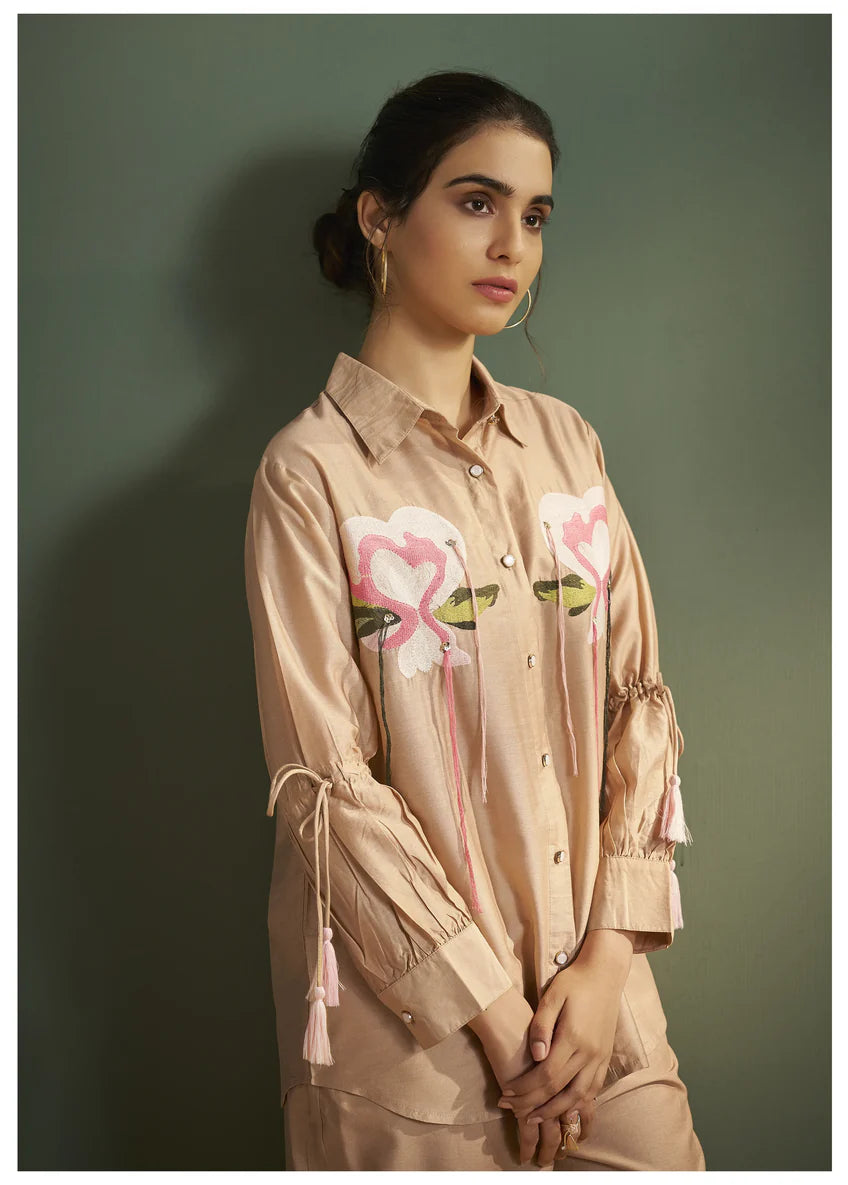Beige Multi-Thread Dols Silk Embroidered Patch Co-Ord Set