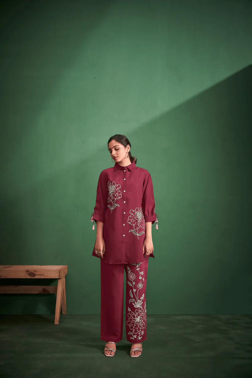 Maroon Embroidered Kurta With Pants