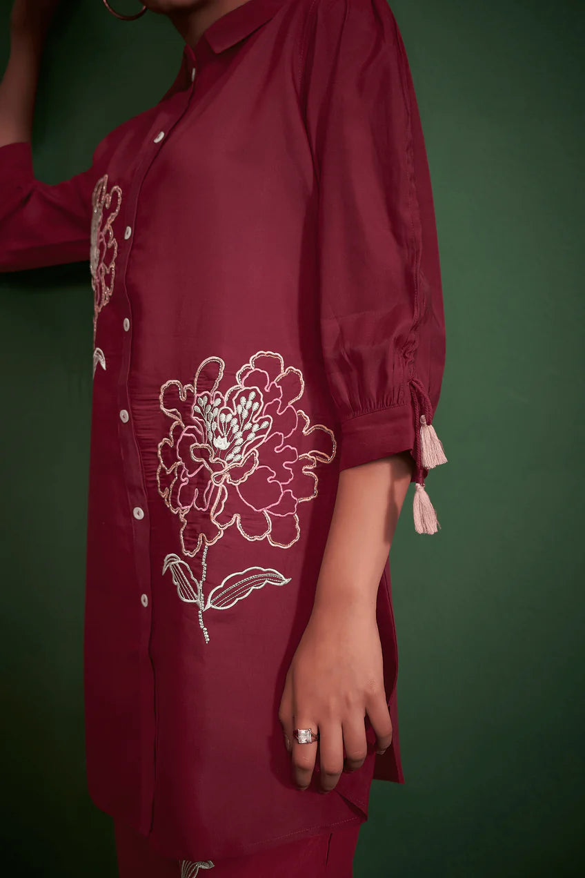 Maroon Embroidered Kurta With Pants
