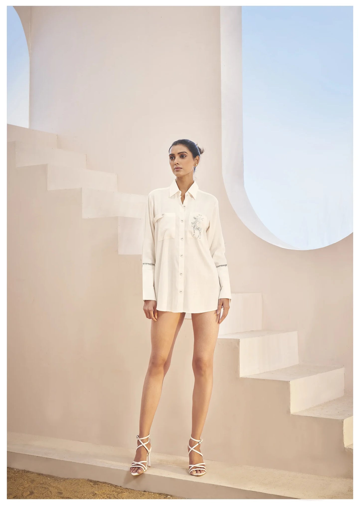 Off White Linen Shirt with Thread Work Embroidery