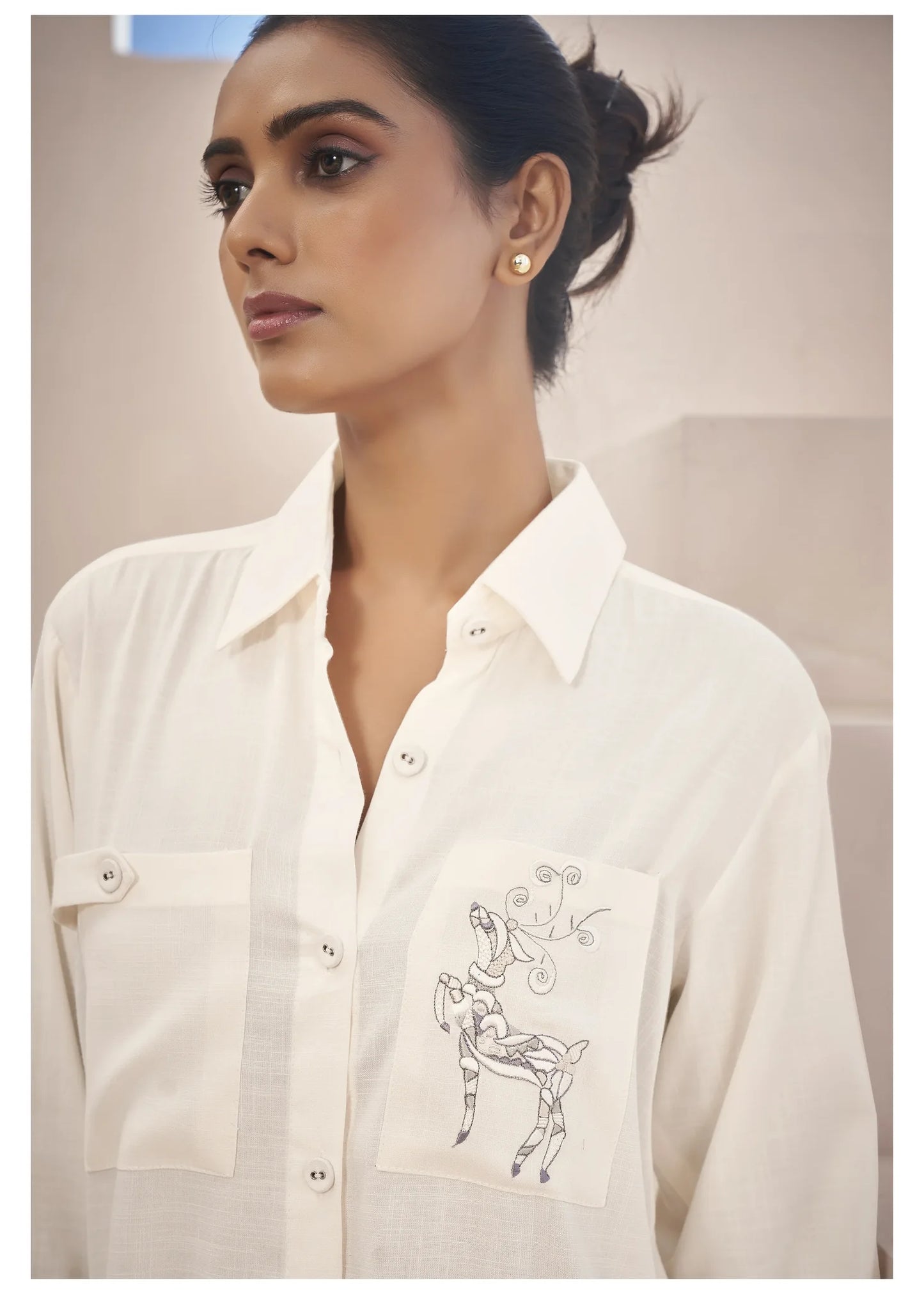 Off White Linen Shirt with Thread Work Embroidery