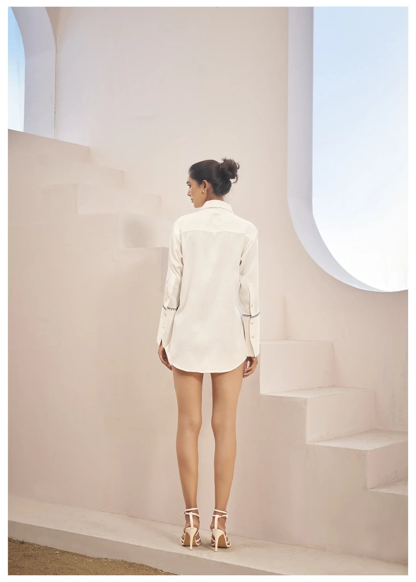 Off White Linen Shirt with Thread Work Embroidery