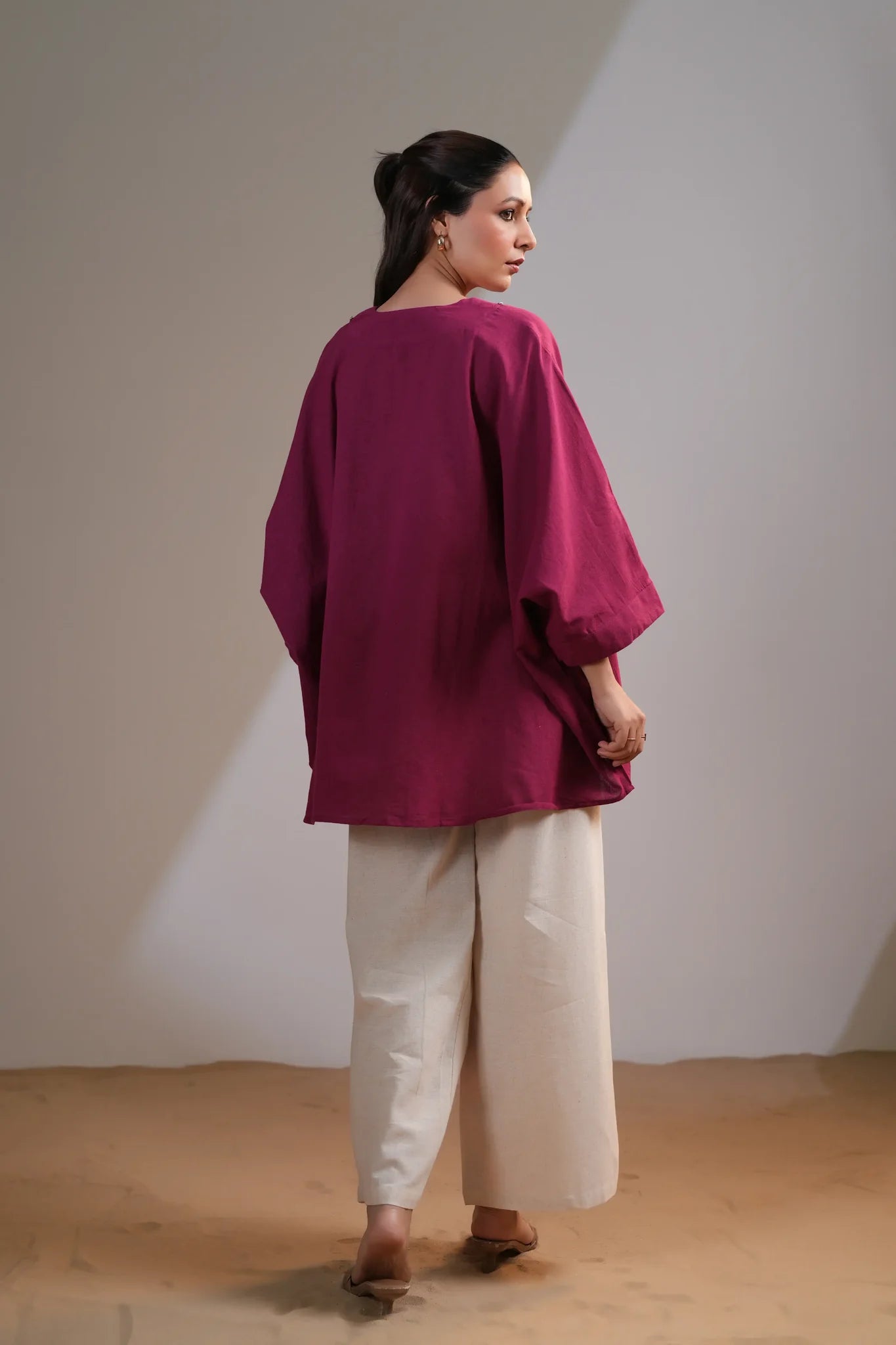 Magenta Pink Embellished V-Neck Co-Ord Set in Cotton Flex