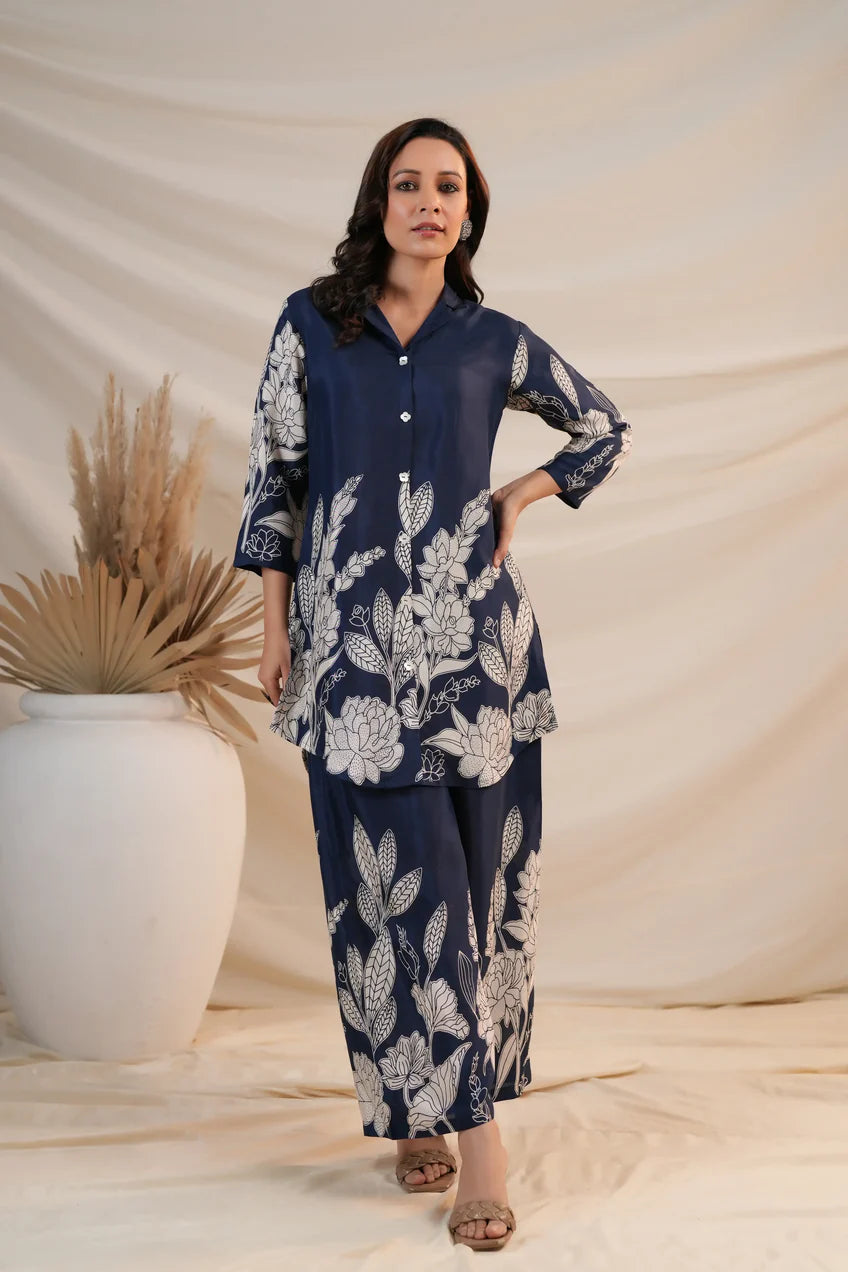 Royal Blue Floral Printed Russian Silk Co-Ord Set with Shell Button Embellishments
