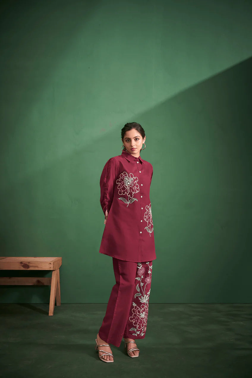 Maroon Embroidered Kurta With Pants