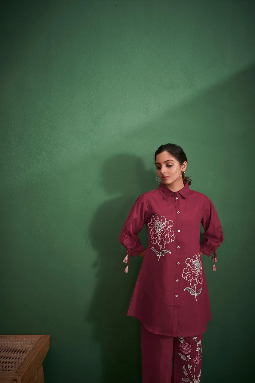 Maroon Embroidered Kurta With Pants