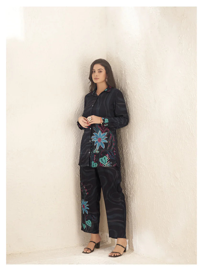 Black Sequins 3 Piece Co-Ord Set With Camisole