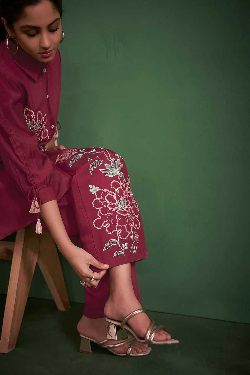 Maroon Embroidered Kurta With Pants