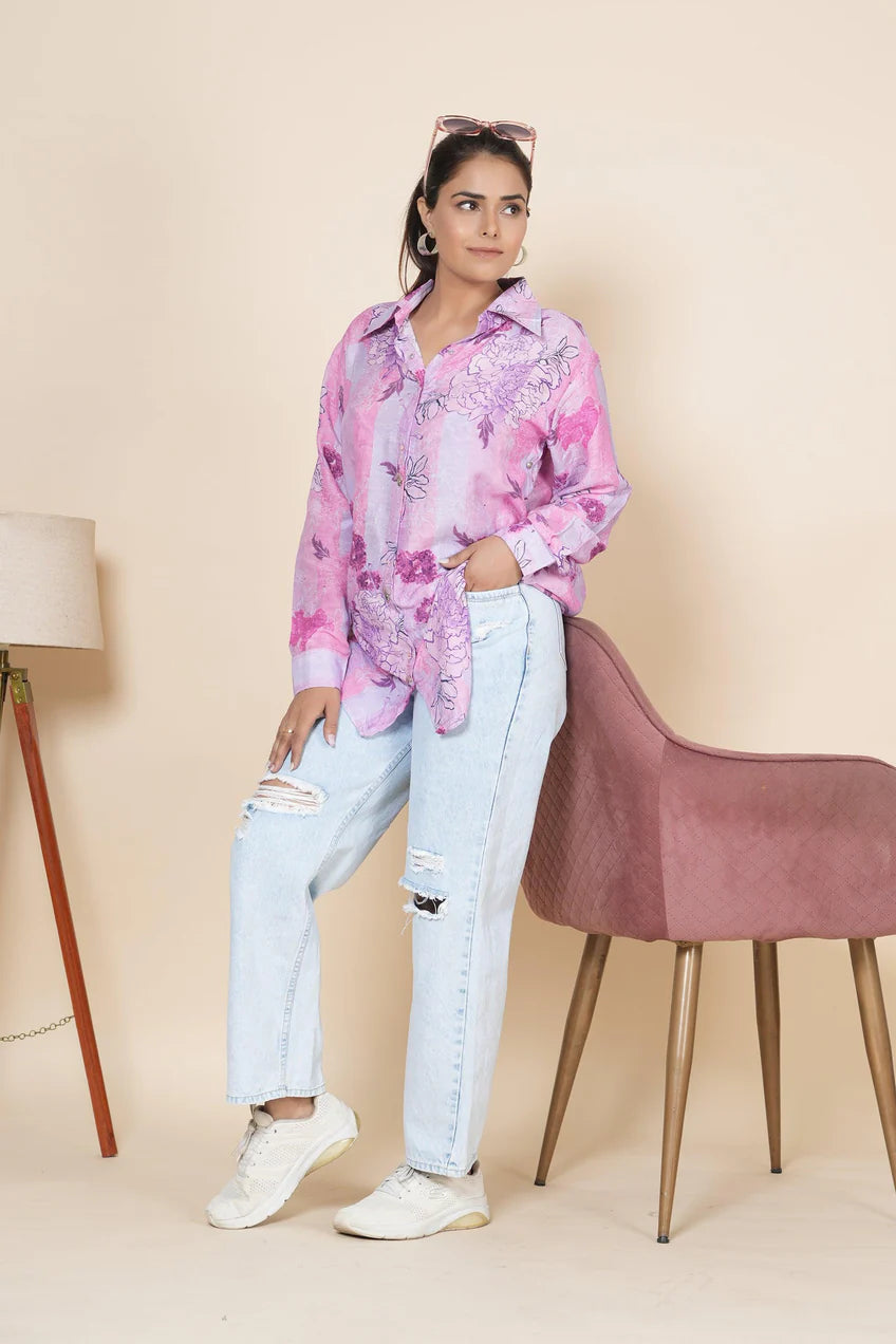 Shades Of Pink Floral Printed Shirt Style Tunic