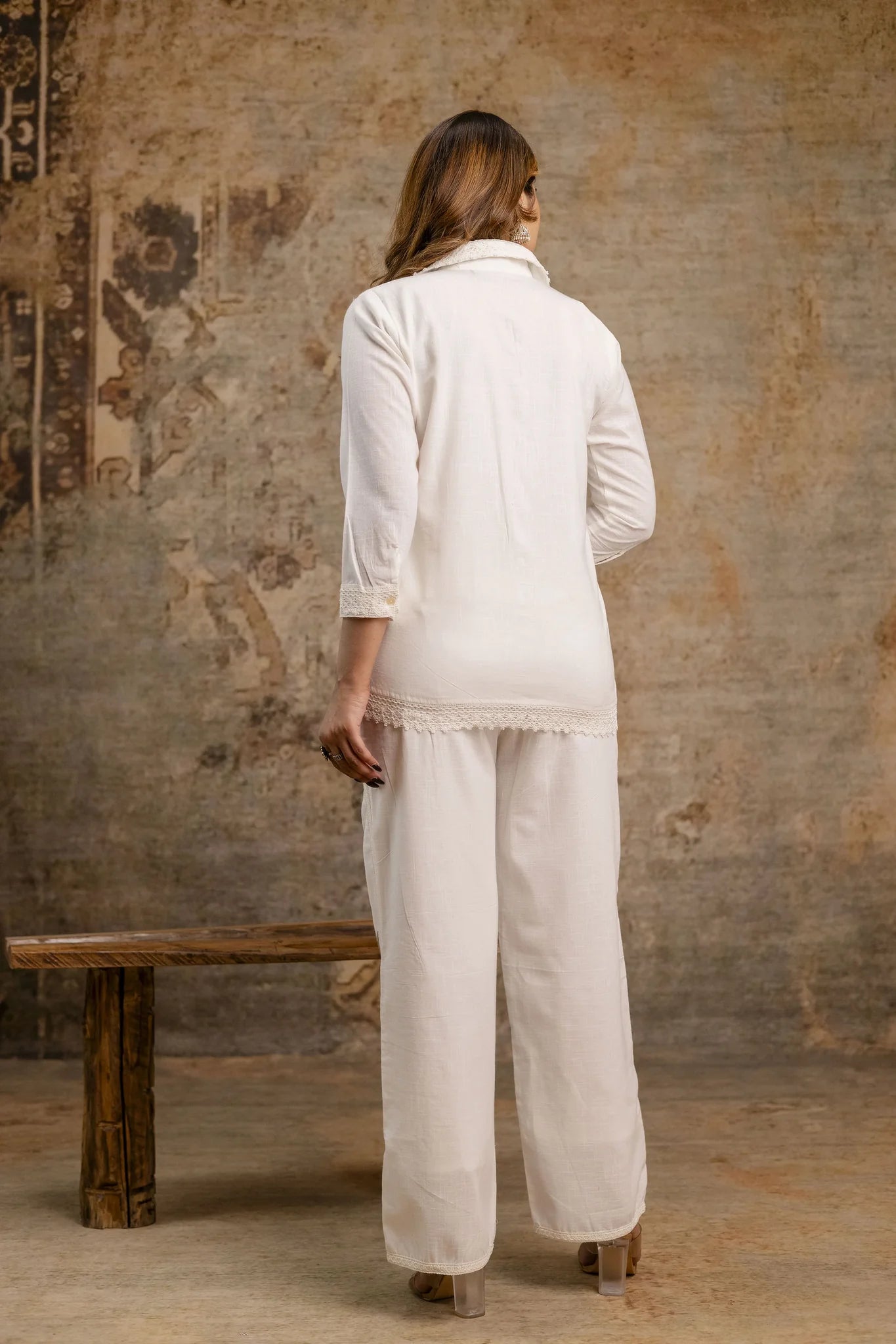 Off-White Embroidered Co-ord Set in Cotton Slub