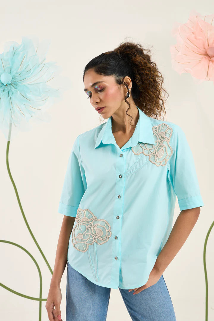 Jasper Applique Shirt-Aqua Mint