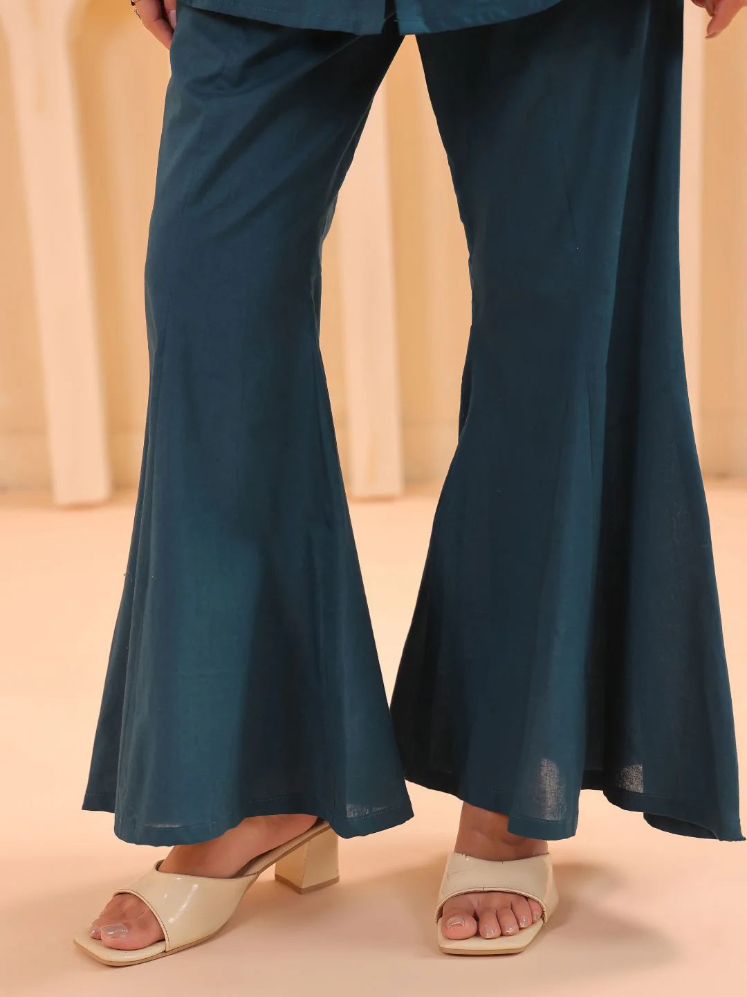 Teal Blue Cotton Co-ord Set with Rosebud Piping Embroidery