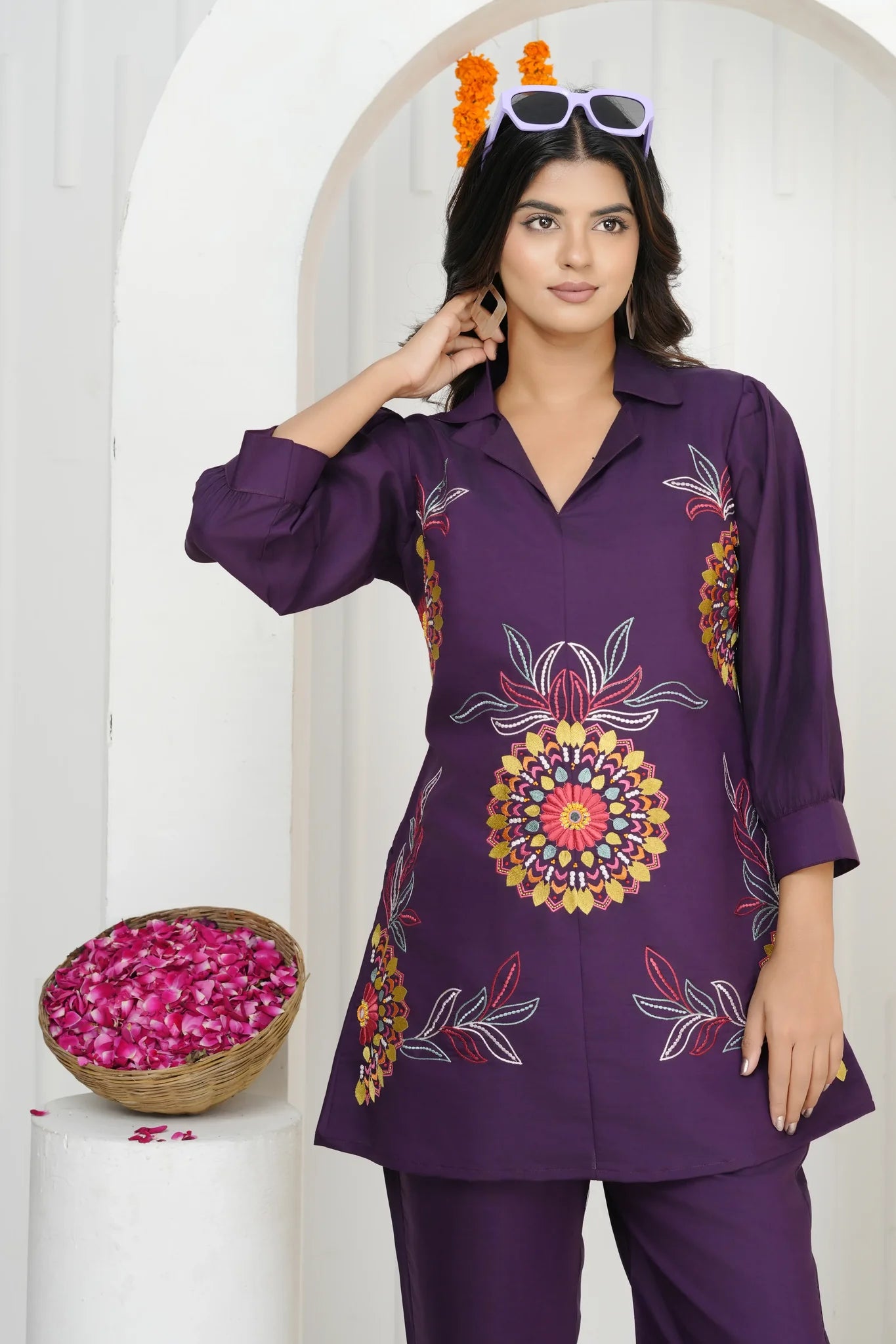 Dark Purple Floral Embroidered Co-ord Set in Roman Silk