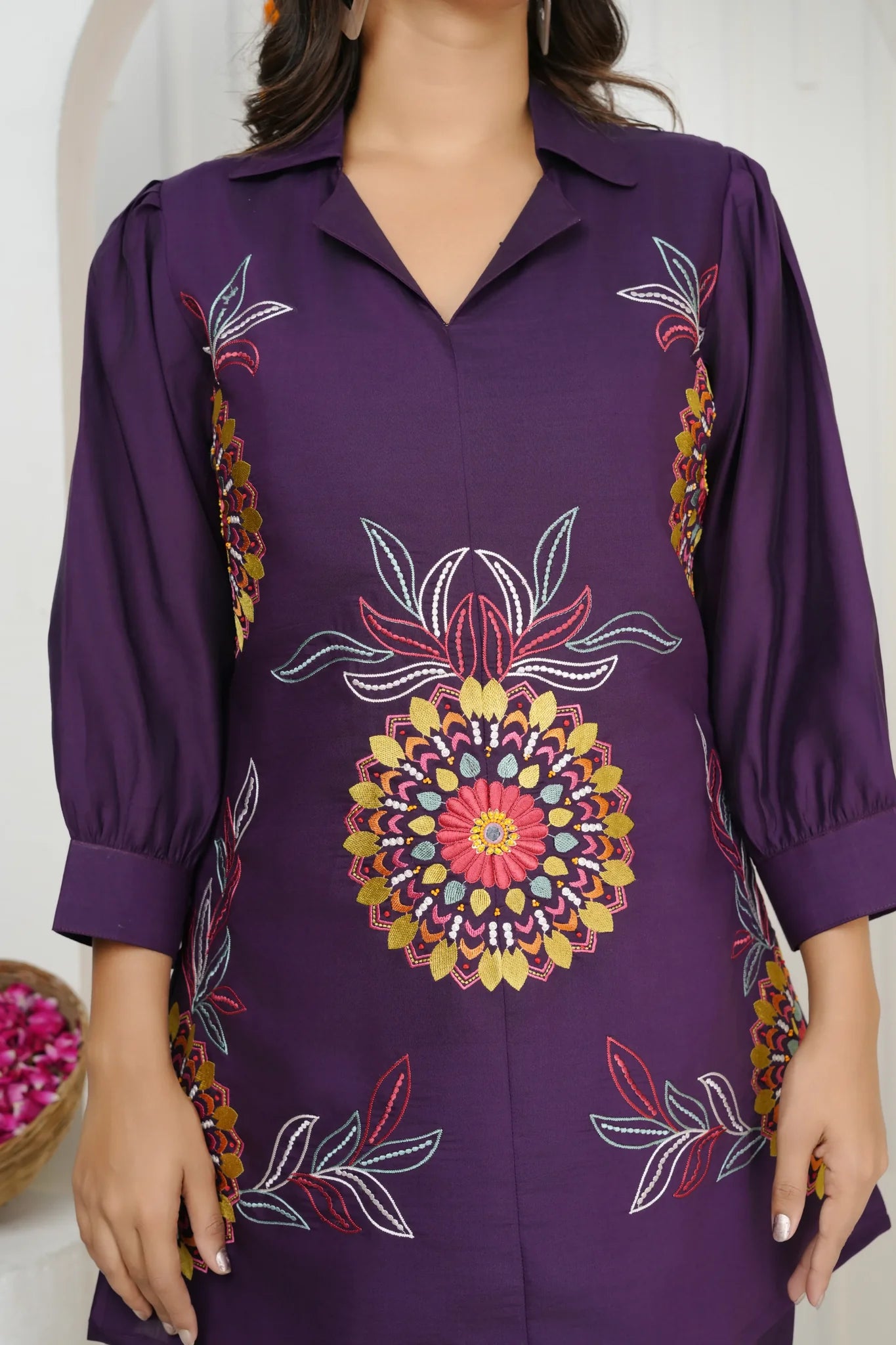 Dark Purple Floral Embroidered Co-ord Set in Roman Silk