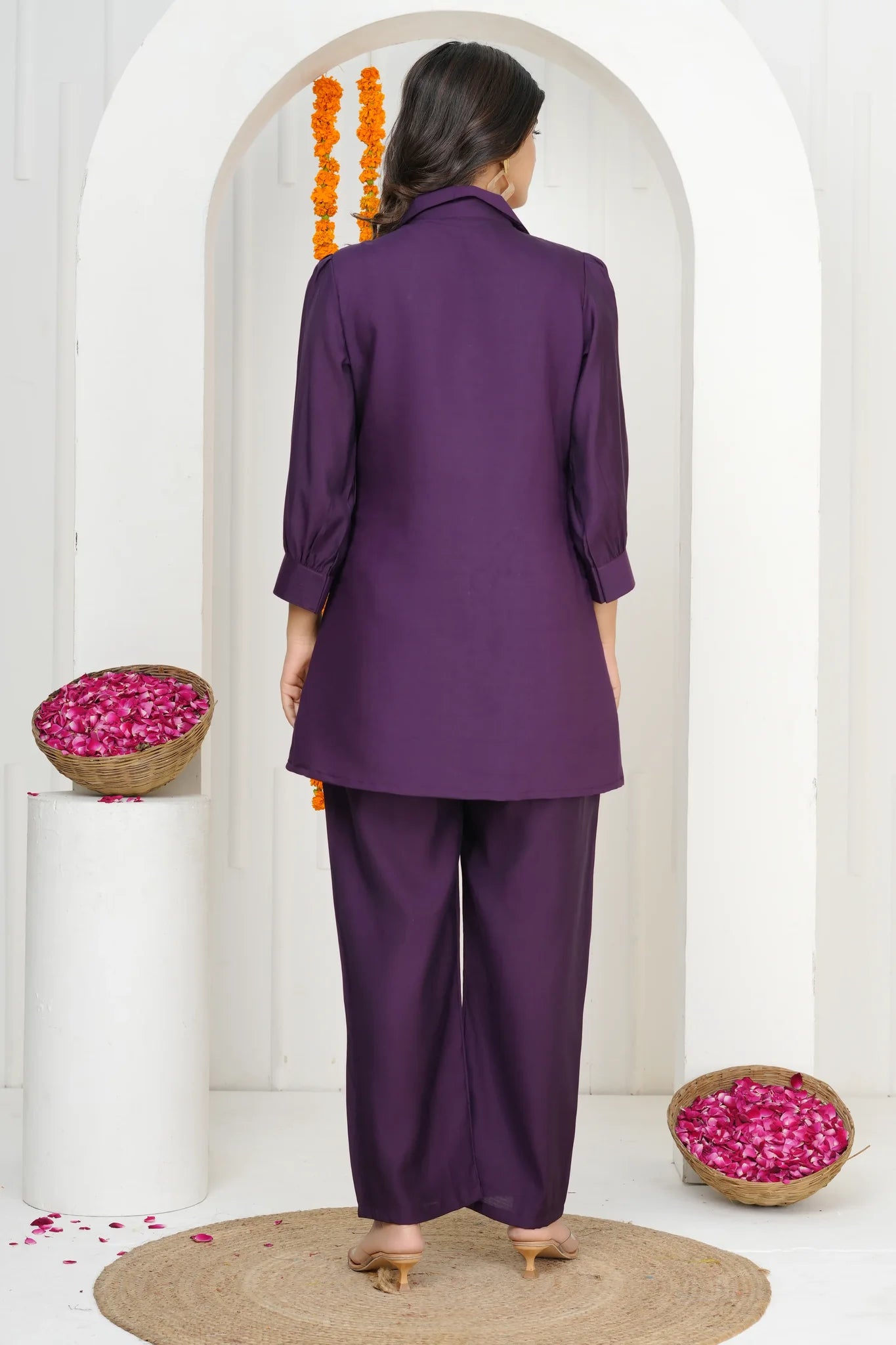 Dark Purple Floral Embroidered Co-ord Set in Roman Silk