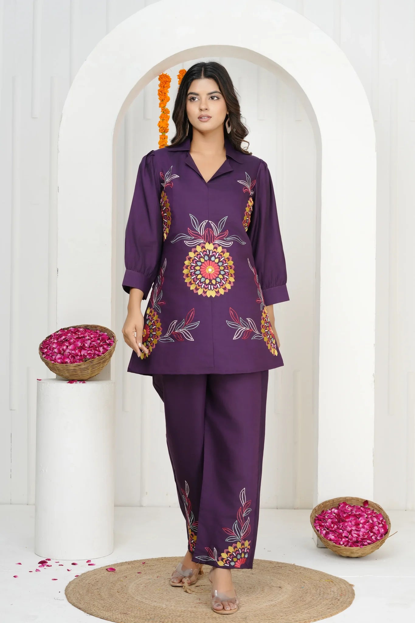 Dark Purple Floral Embroidered Co-ord Set in Roman Silk