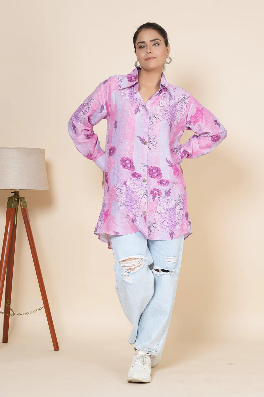 Shades Of Pink Floral Printed Shirt Style Tunic
