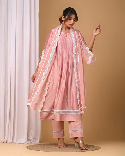 Dusty Peach Front Pintucks Suit Set with organza Sleeves