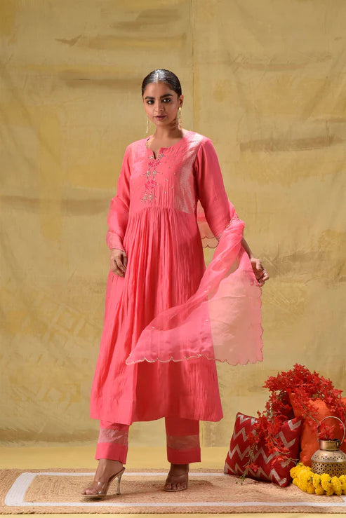 Bright Peach Hand Embroidered Suit Set