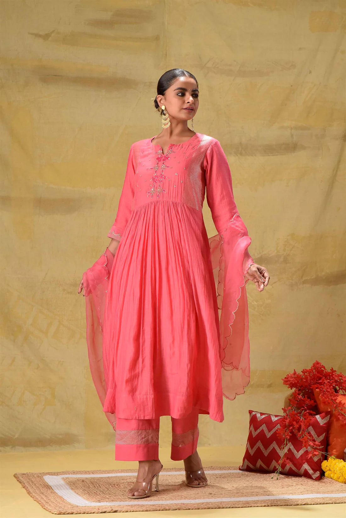 Bright Peach Hand Embroidered Suit Set