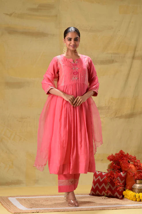 Bright Peach Hand Embroidered Suit Set