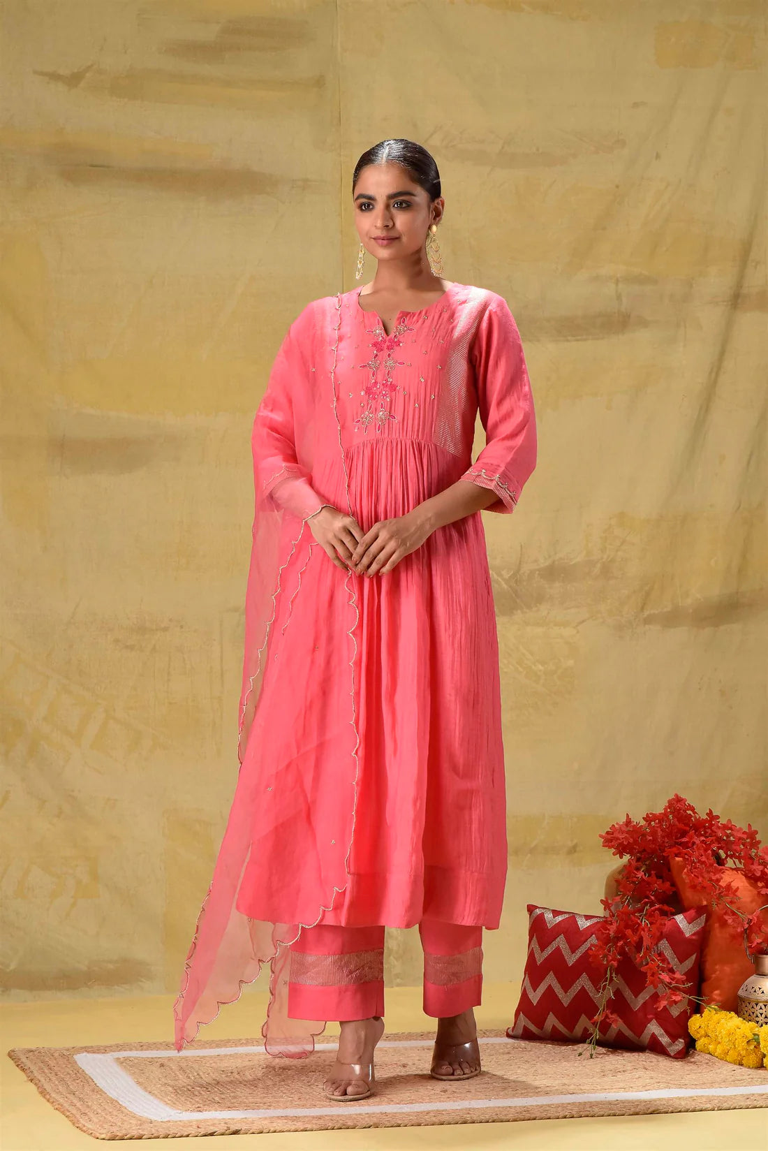 Bright Peach Hand Embroidered Suit Set