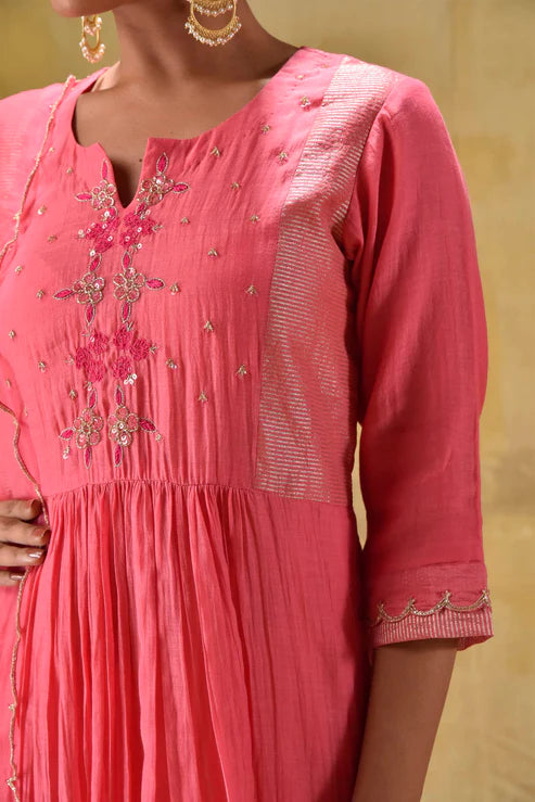 Bright Peach Hand Embroidered Suit Set