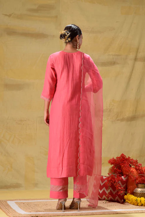 Bright Peach Hand Embroidered Suit Set