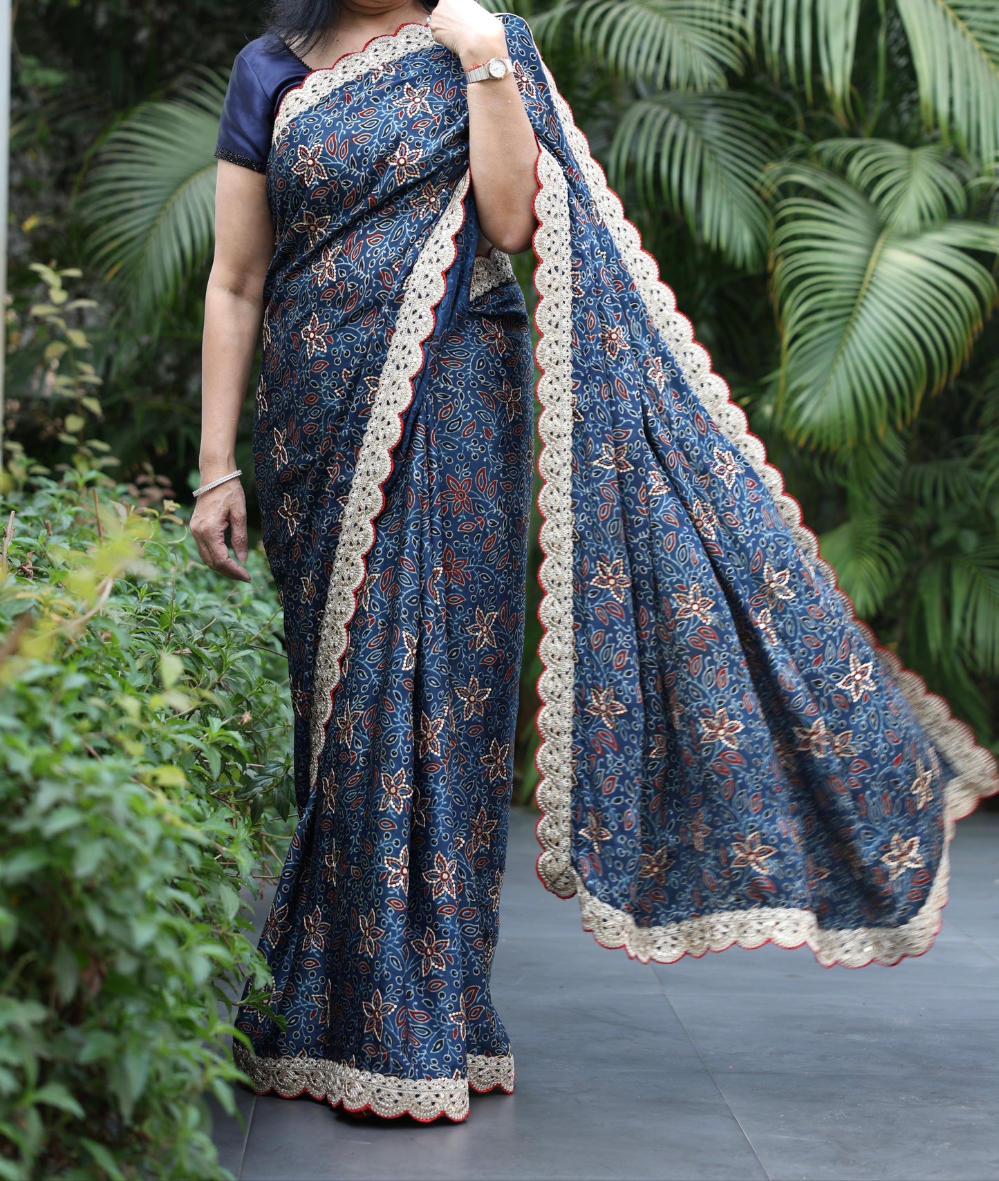 NAVY BLUE AJRAKH SAREE W/BLOUSE PIECE