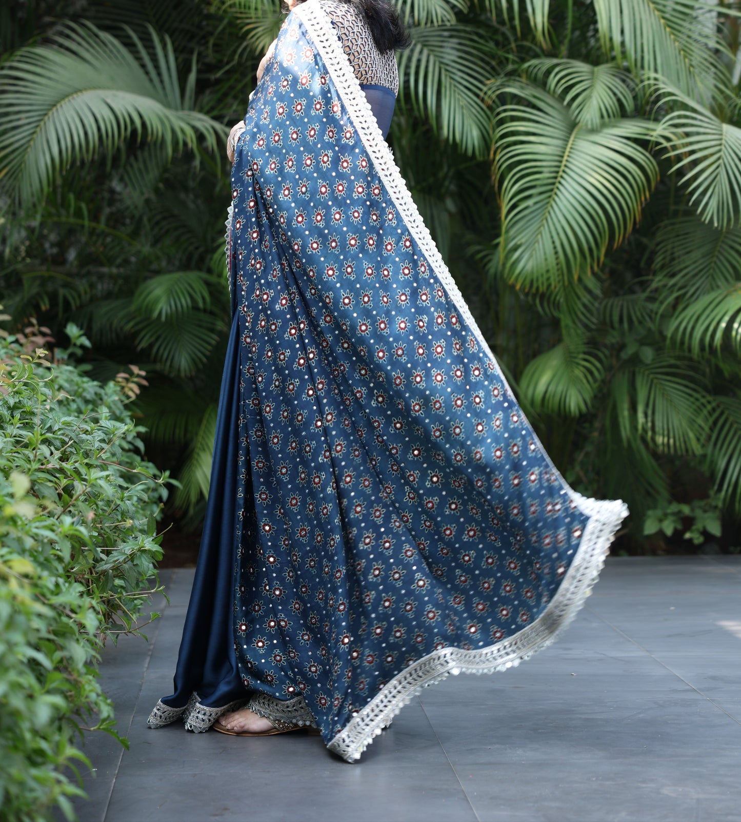 NAVY BLUE AJRAKH SAREE