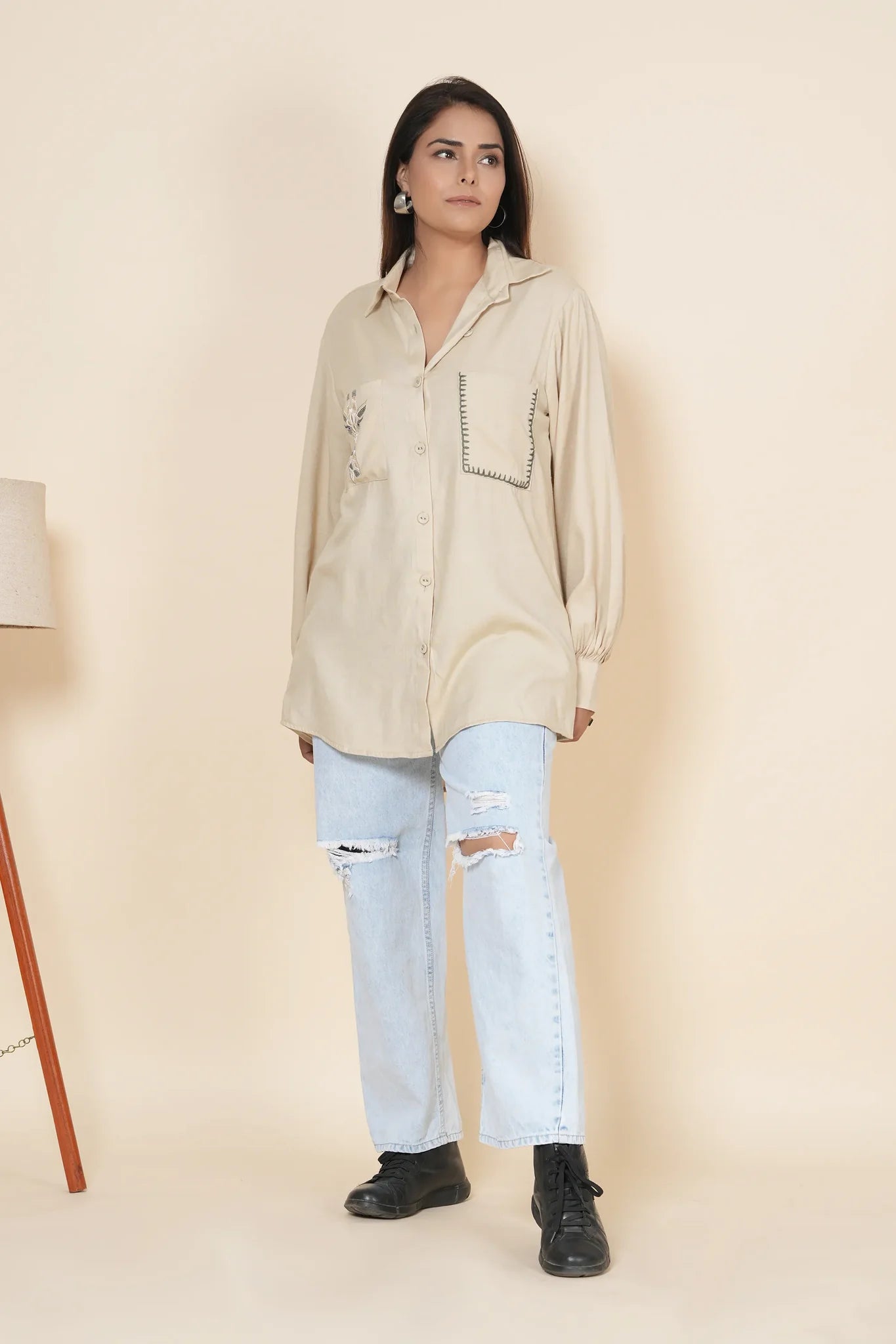 beige linen shirt with thread work embroidery
