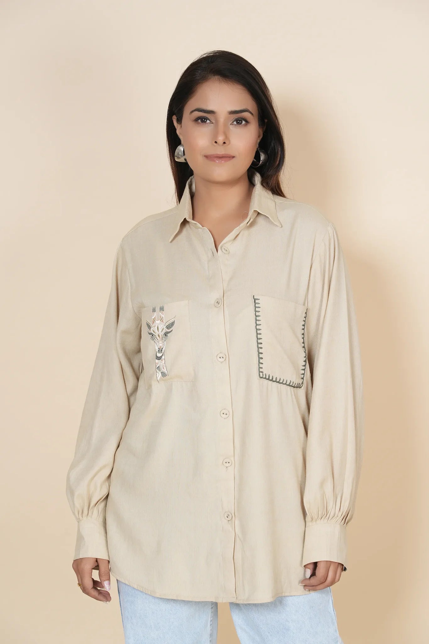 beige linen shirt with thread work embroidery