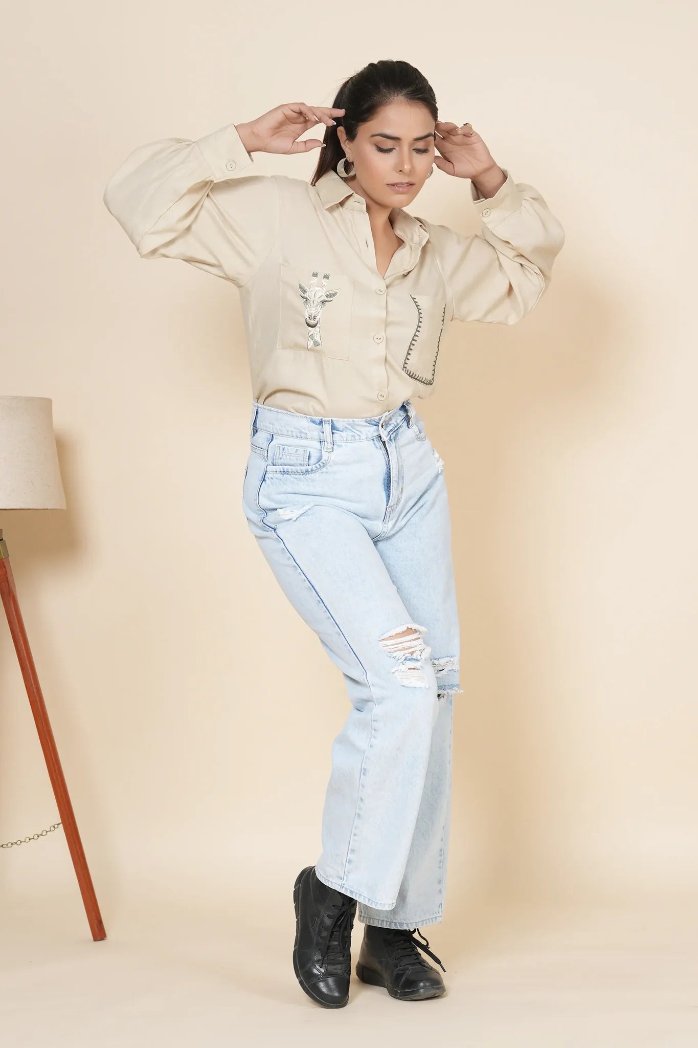 beige linen shirt with thread work embroidery