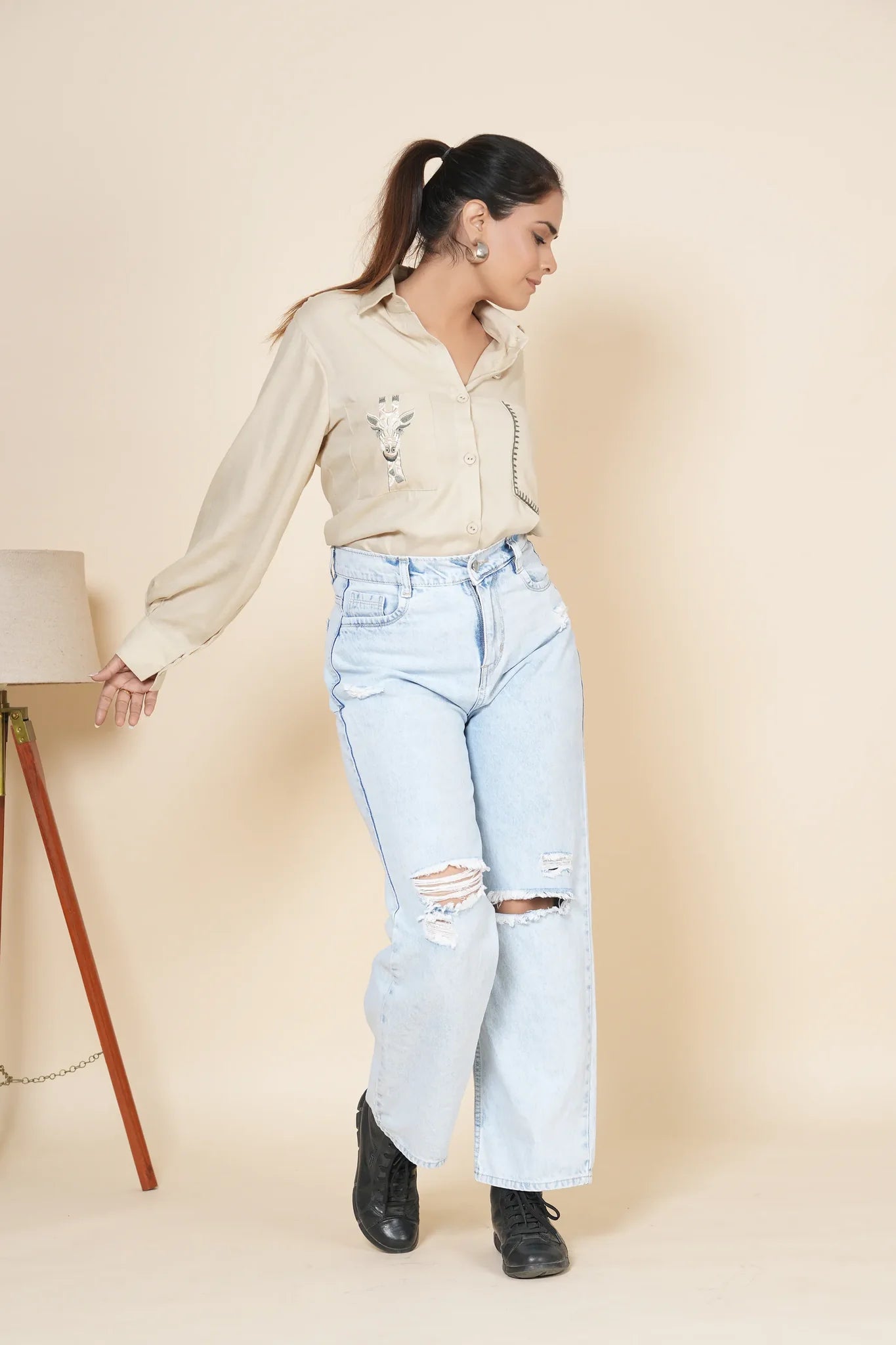 beige linen shirt with thread work embroidery