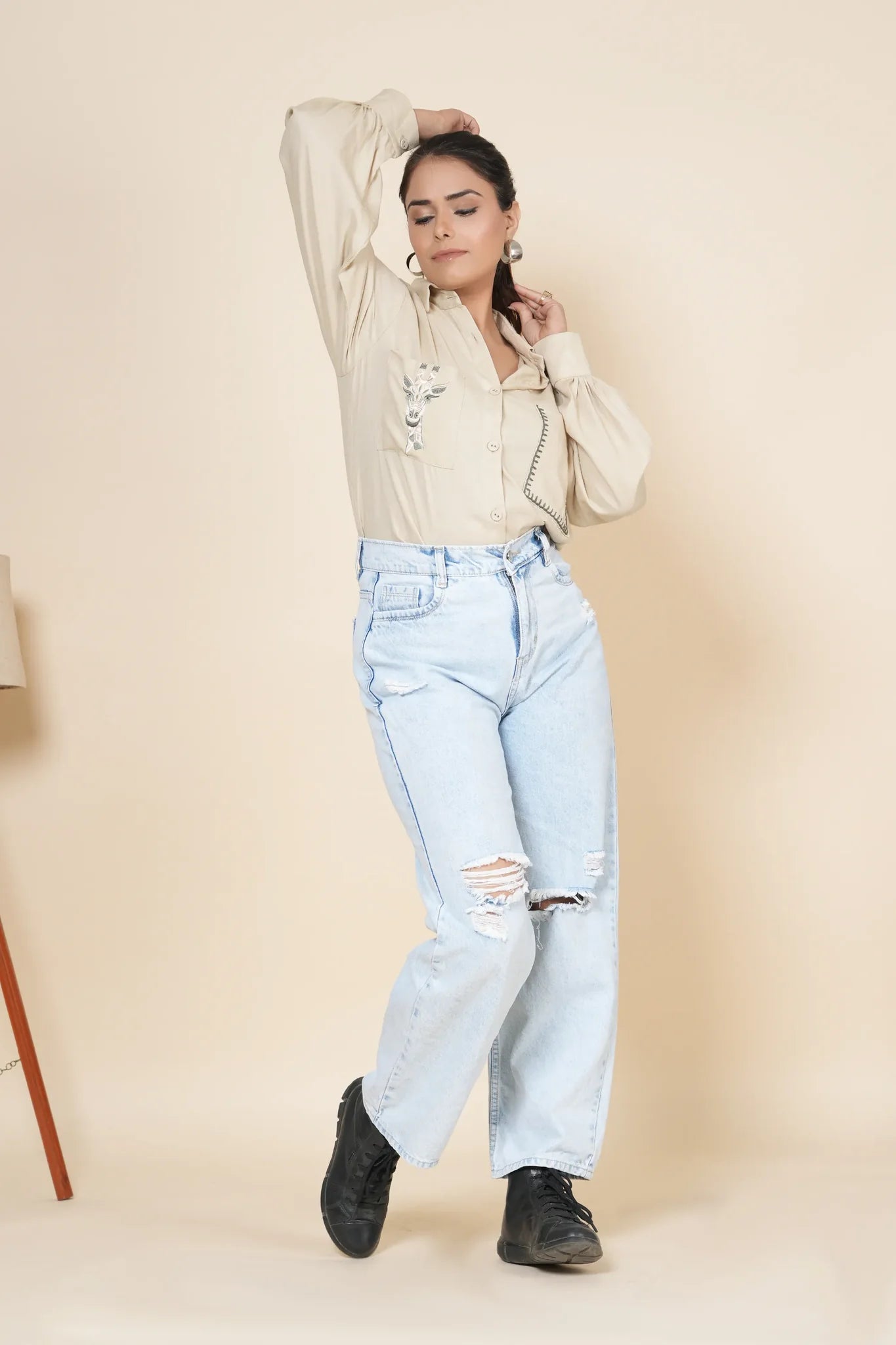 beige linen shirt with thread work embroidery