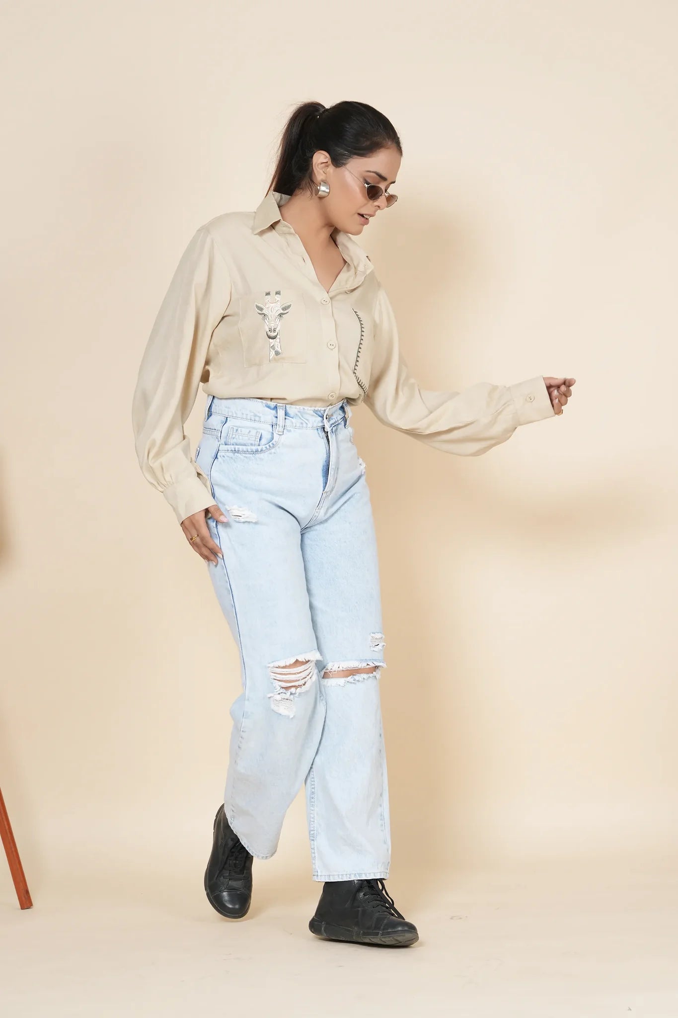 beige linen shirt with thread work embroidery