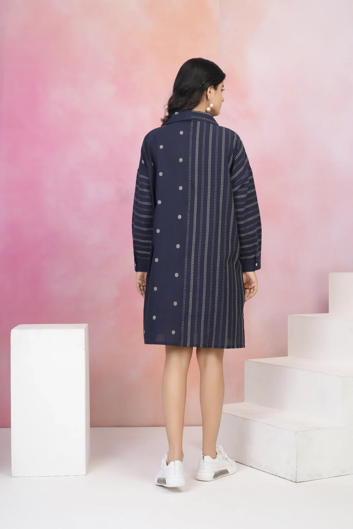 Navy Blue Jacquard Mini Shirt Dress