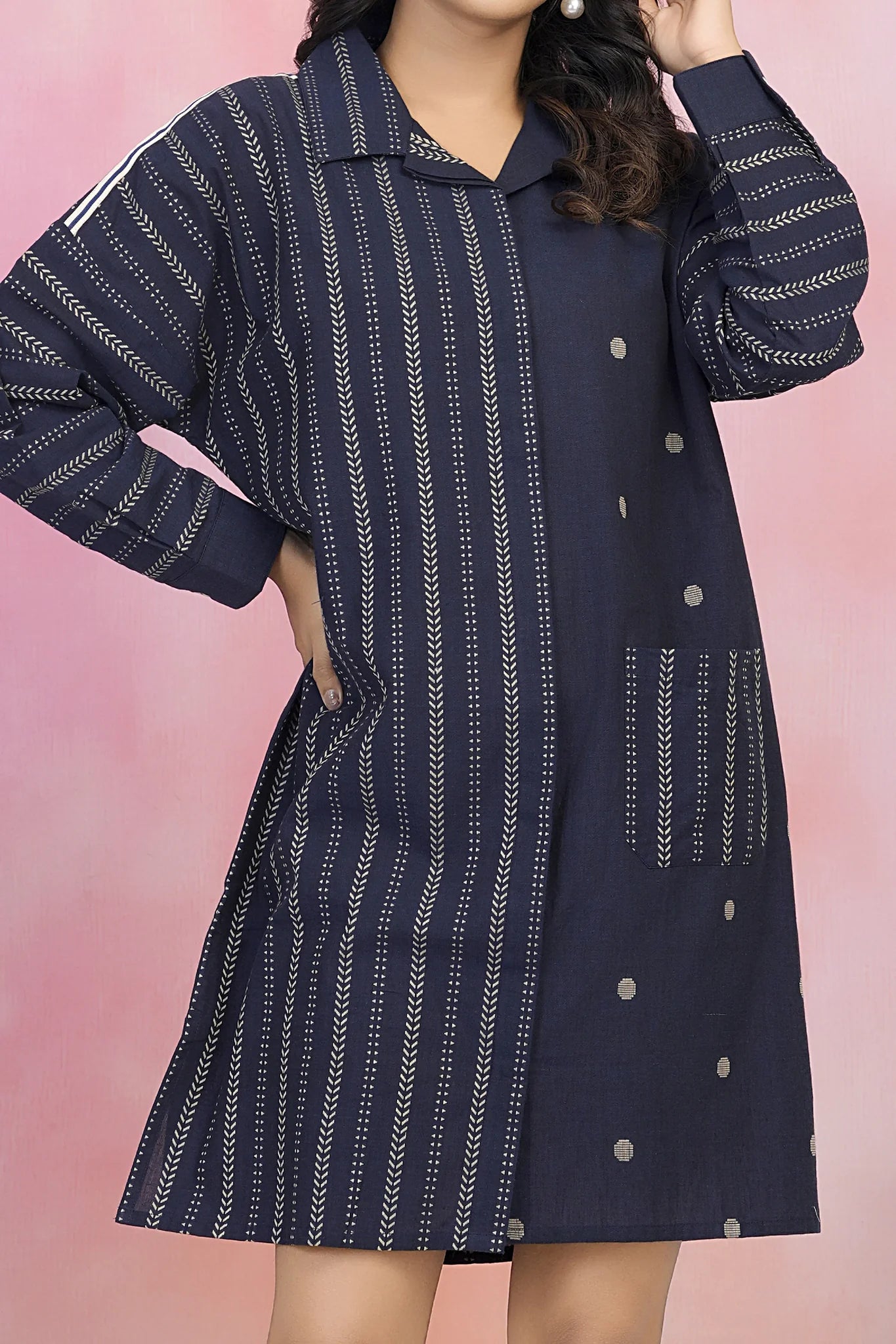 Navy Blue Jacquard Mini Shirt Dress