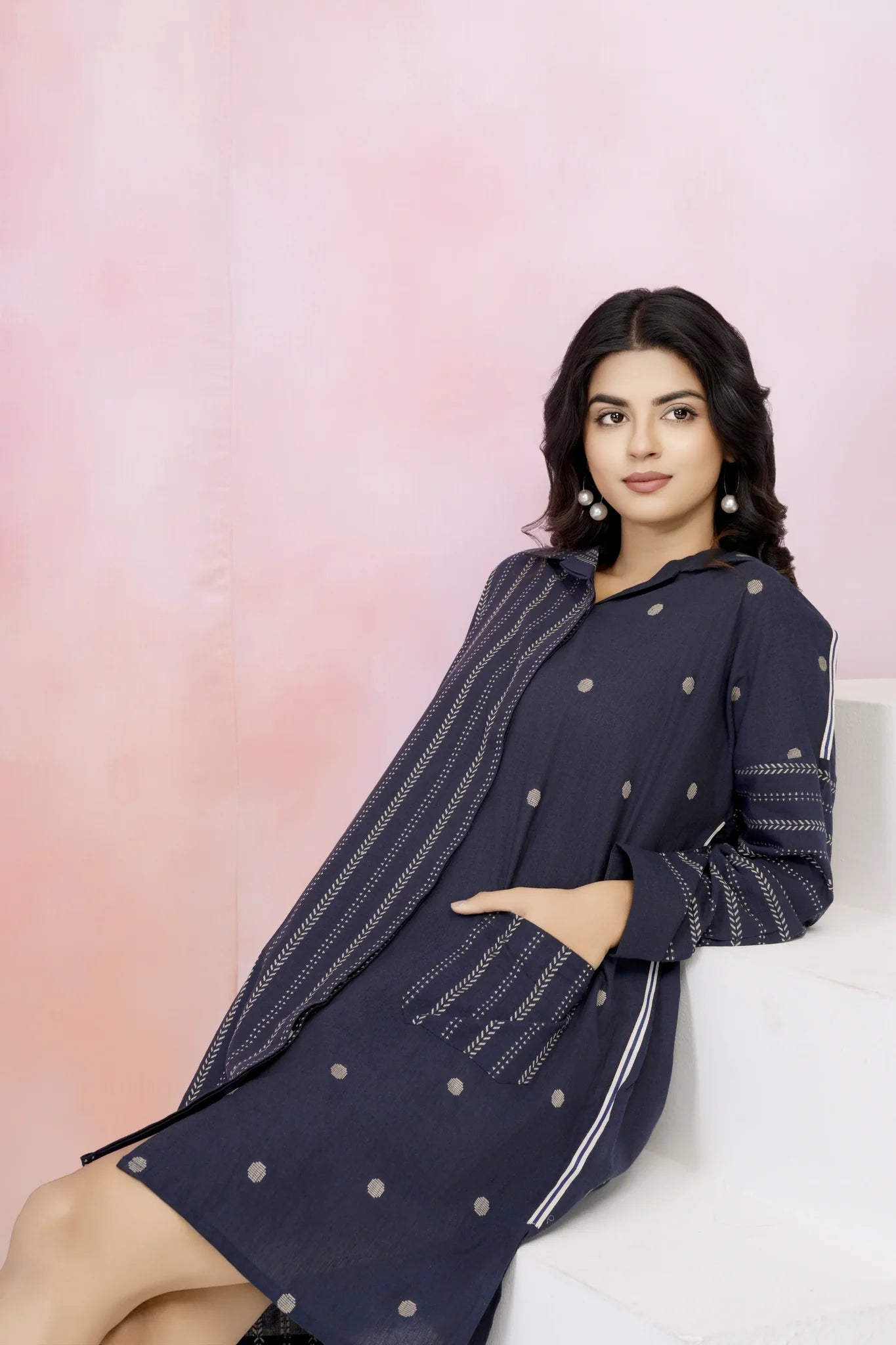 Navy Blue Jacquard Mini Shirt Dress