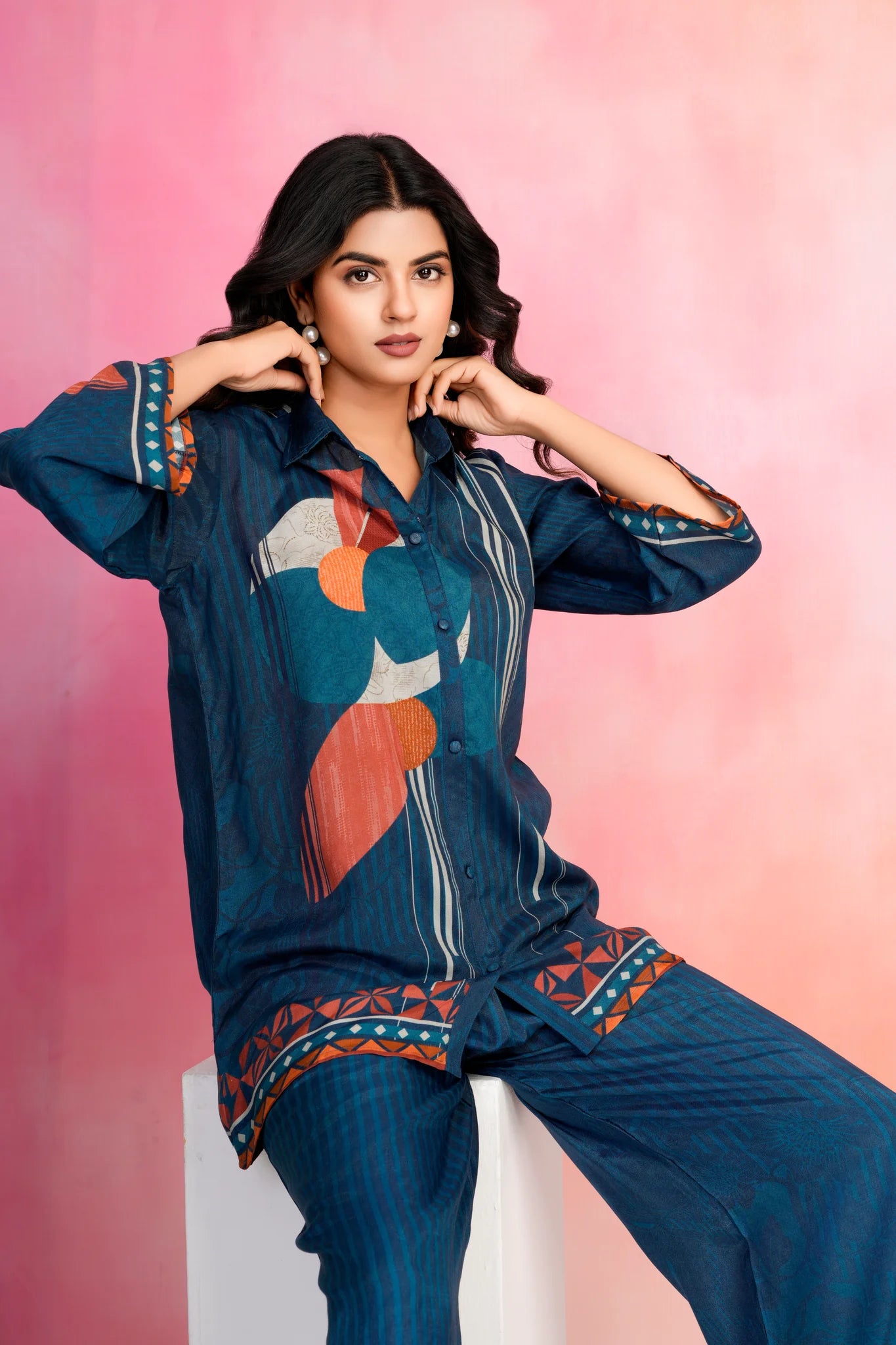 Navy Blue Allover Printed Muslin Co-Ord Set