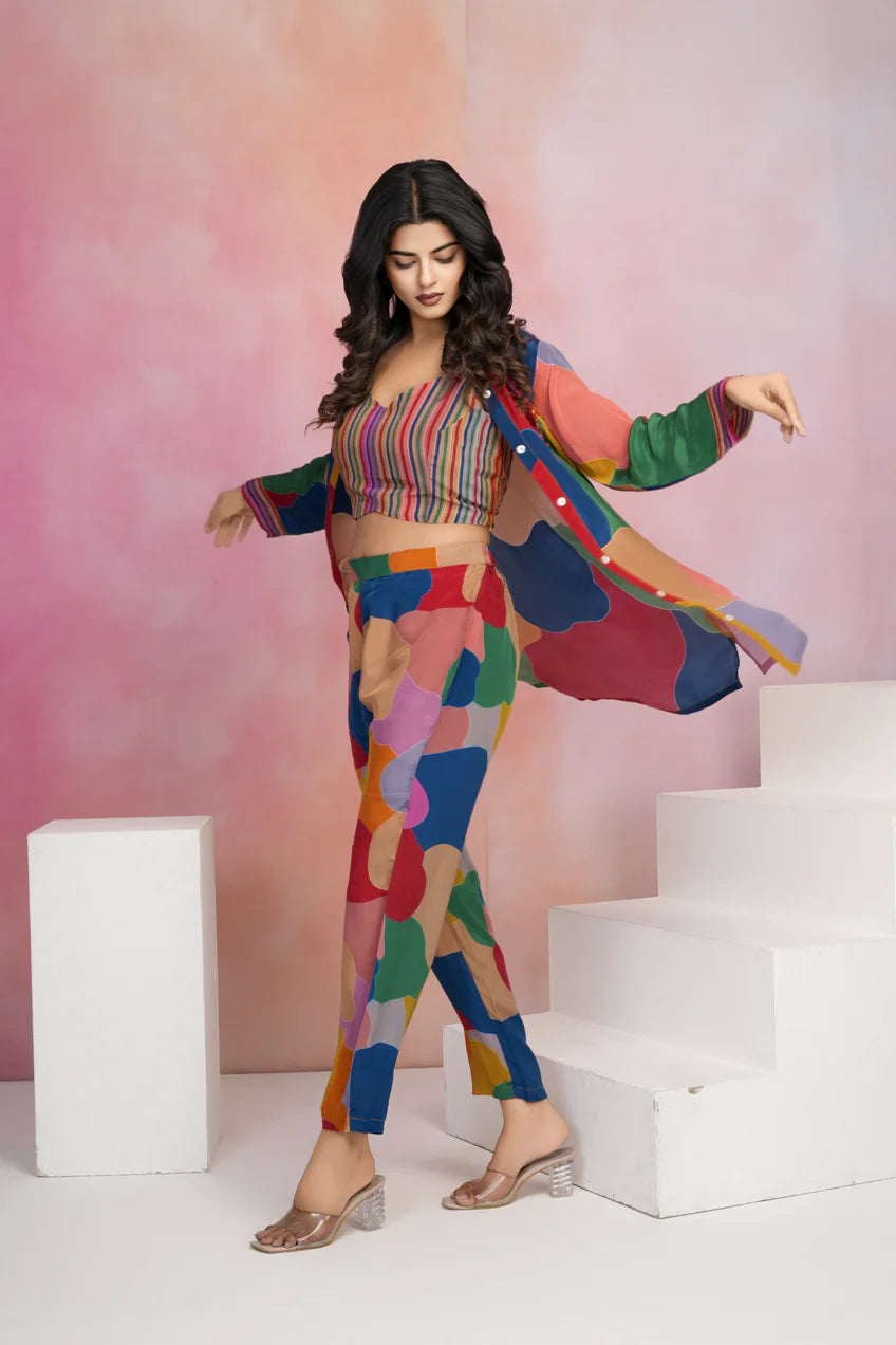 Multicolored Floral Sequins 3 Piece Co-Ord Set with Camisole