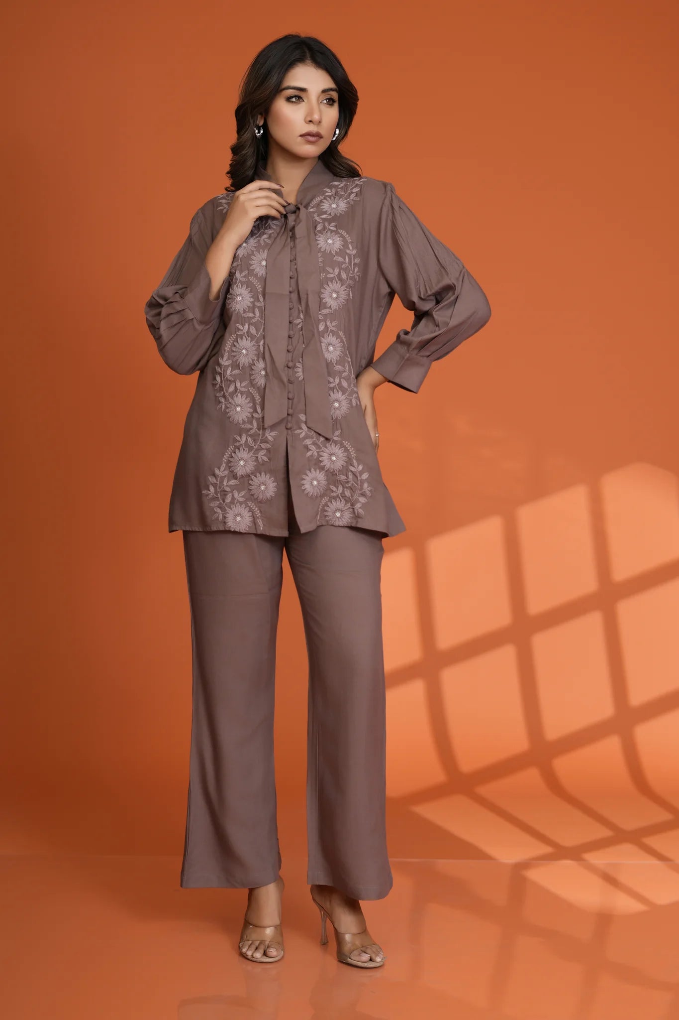 Brown Beaded & Embroidered Bow Tie Co-Ord Set in Rayon Staple