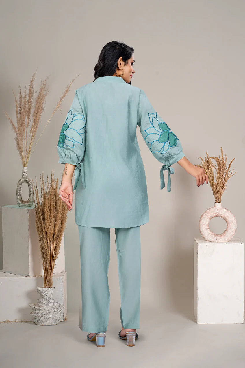 Mint Green Floral Sequins Tunic With Trouser