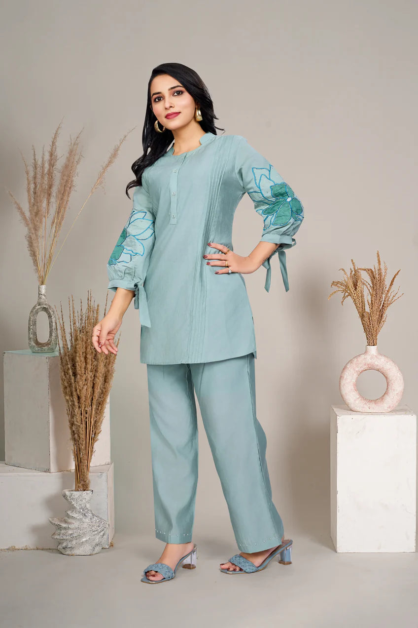 Mint Green Floral Sequins Tunic With Trouser