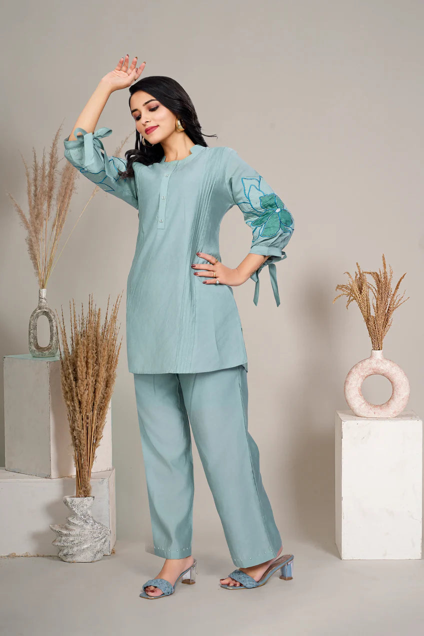 Mint Green Floral Sequins Tunic With Trouser
