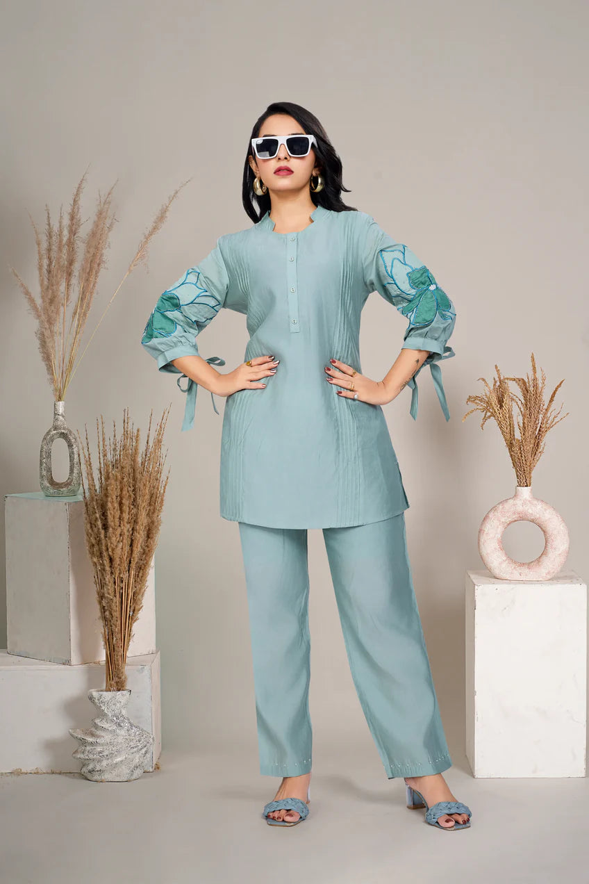 Mint Green Floral Sequins Tunic With Trouser