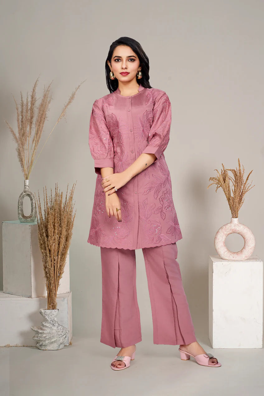Dusty Rose Embroidered Tunic With Flared Pant