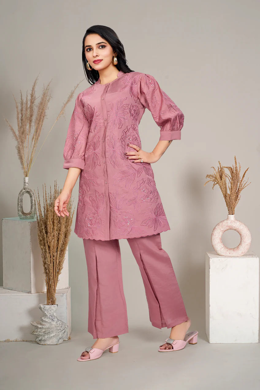 Dusty Rose Embroidered Tunic With Flared Pant
