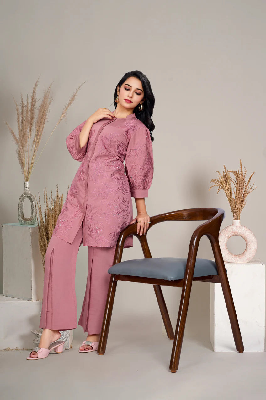 Dusty Rose Embroidered Tunic With Flared Pant