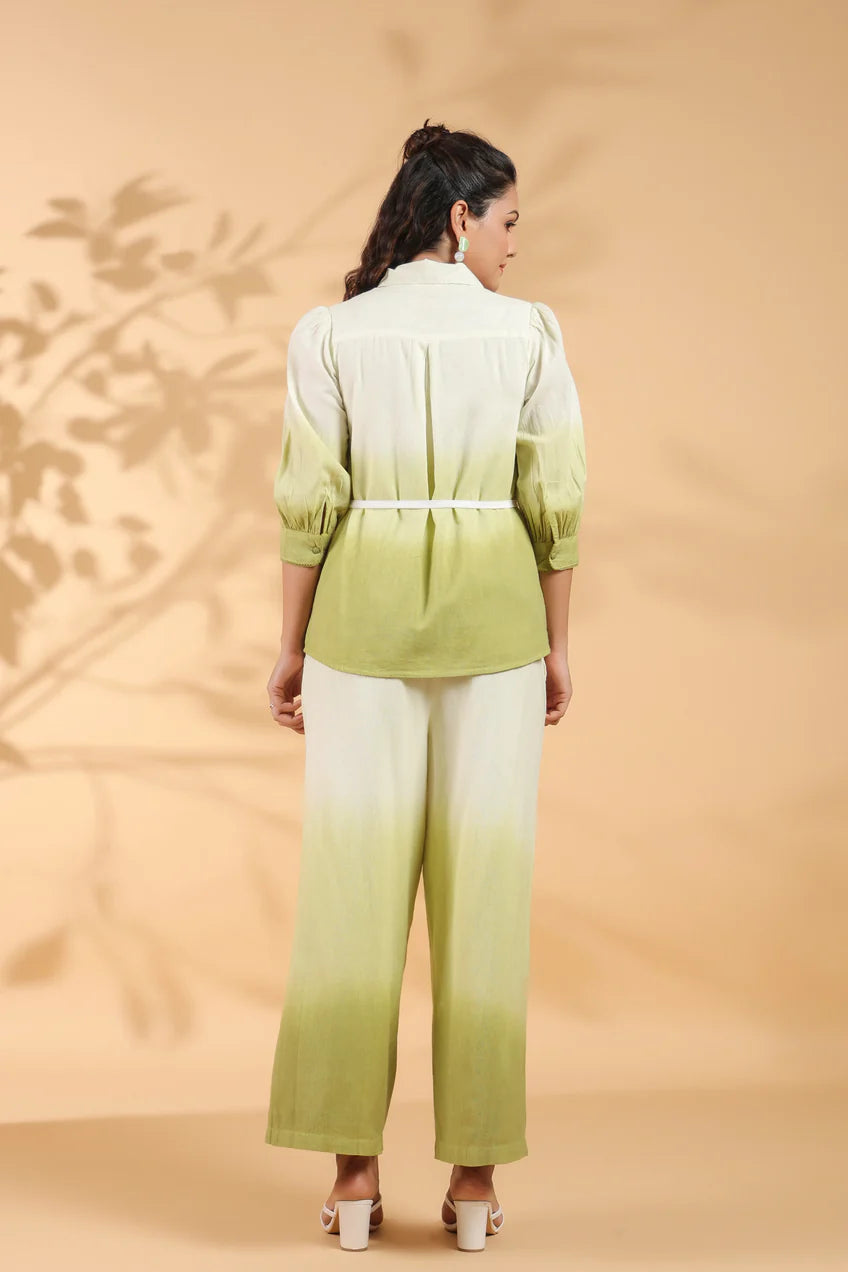 White and Sage Green Applique Flower Embroidered Cotton Flex Co-Ord Set